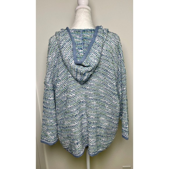 J.Jill Large Hooded Knit Sweater Blue Green White Textured Relaxed Fit Boho Cosy - Picture 2 of 8